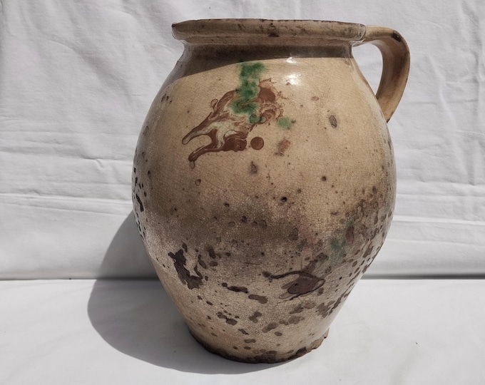 Huge Antique Marble Glazed Folk Pitcher, Folk Bottle, Handpainted Jug, Faience Jug, Folk Ewer