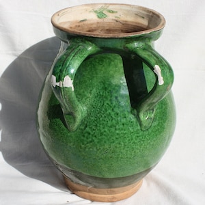 Huge Double Handle Antique Green Glazed Stoneware Folk Pitcher, Antique Hungarian Traditional Jug