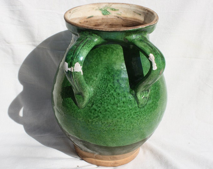Huge Double Handle Antique Green Glazed Stoneware Folk Pitcher, Antique Hungarian Traditional Jug
