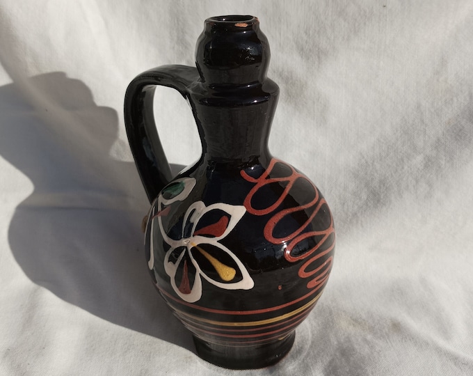 Black Glazed Stoneware Pot, Traditional Folk Stoneware Pottery, Rare Folk Little Pitcher, Ceramic Pitcher