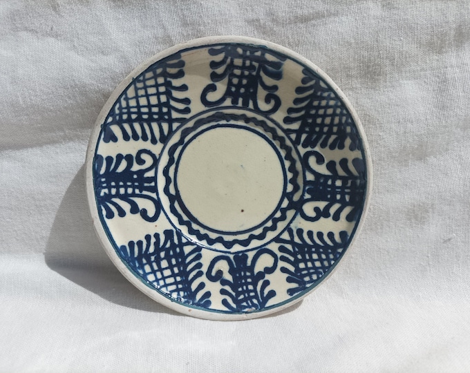 Traditional Blue Painted Little Clay Plate, Transylvania Pottery, Folk Miniature Plate, Antique Peasant Plate