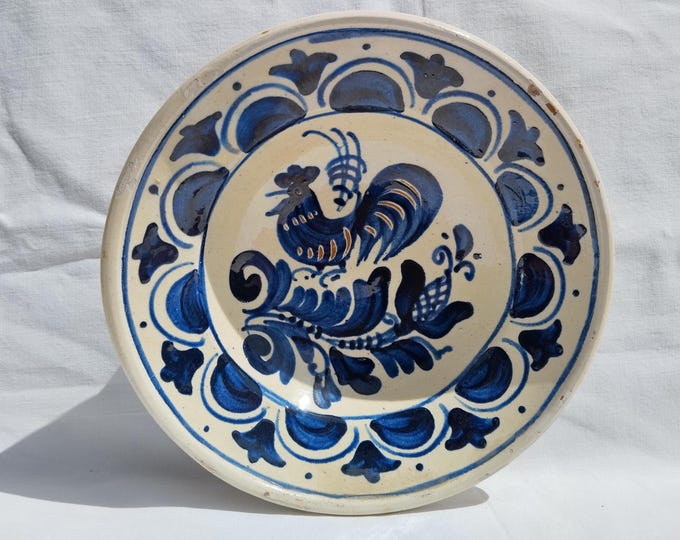 Clay Plate, Transylvania Korond Pottery, Folk Bird Cockerel Pottery, Antique Peasant Plate, Blue Bird Plate