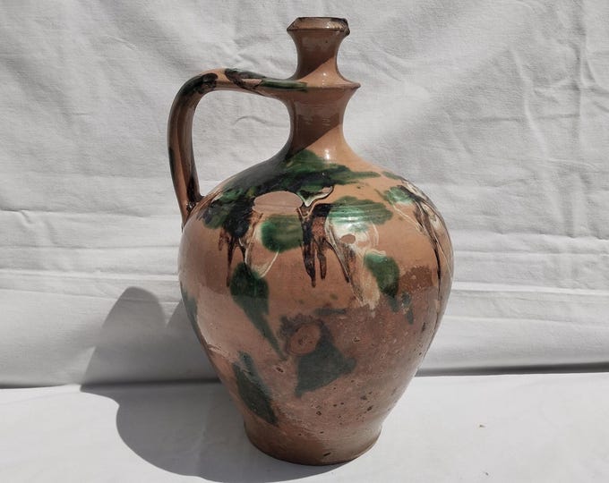 Antique Marble Glazed Folk Pitcher, Folk Bottle, Handpainted Jug, Faience Jug, Folk Ewer