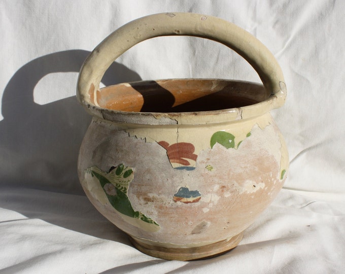 Huge Traditional Rural Antique Top Handle Folk Ceramic Pottery Jug, Milk or Water Jug Ceramic Basket