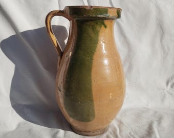 Antique Stoneware Glazed Folk Pitcher, Huge Pither, Vintage Stoneware Ewer, Ceramic Pitcher, Ceramic Pottery