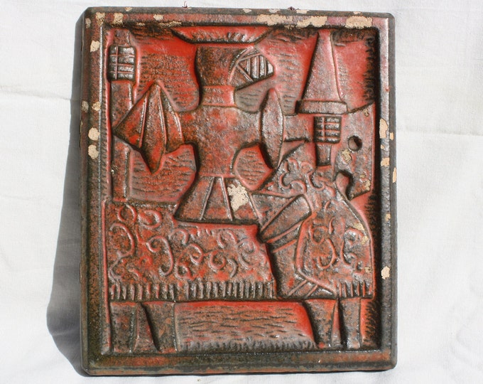 Vintage Red Glazed Tile Stove, Hungarian Art Ceramic Tile, Glazed Tile
