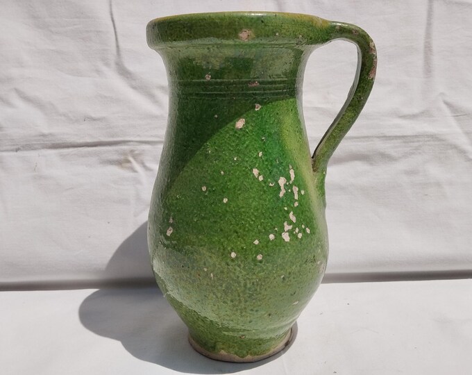 Folk Traditional Green Glazed Stoneware Folk Pitcher, Antique Hungarian Traditional Jug