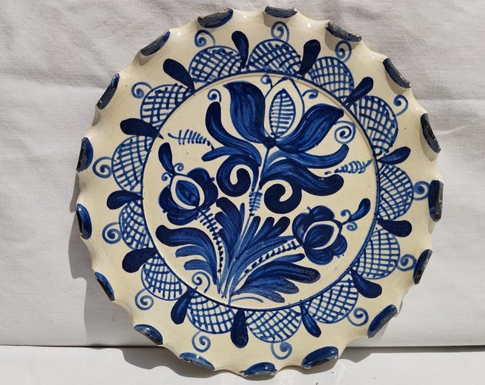 Traditional Blue Painted Clay Plate, Transylvania Pottery, Folk Plate, Antique Peasant Plate