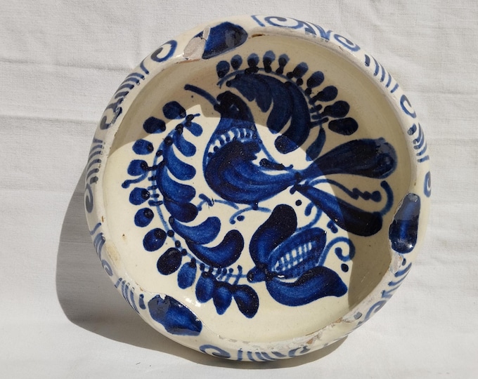 Traditional Folk Ceramic Blue Ashtray, Transylvania Bird Scene Pottery