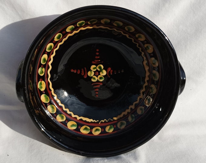 Traditional Folk Hungary Black Two Handle Bowl, Hungarian Pottery Peasant Plate
