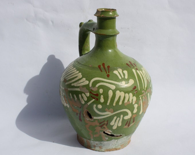 Antique Green Glazed Hungarian Water Pitcher