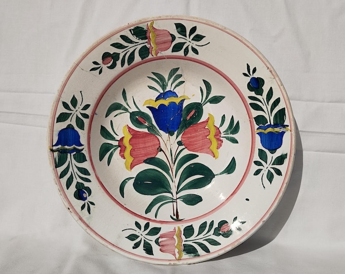 Traditional Antique Folk Clay Plate, Transylvania Pottery, Folk Plate, Antique Peasant Repaired Plate
