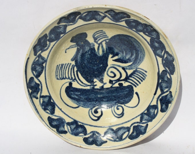 Clay Plate, Transylvania Cockerel Pottery, Folk Plate, Antique Peasant Plate, Bird Plate