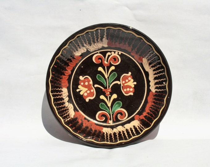 Traditional Hungarian Folk Pottery Plate, Vintage Peasant Flower Plate