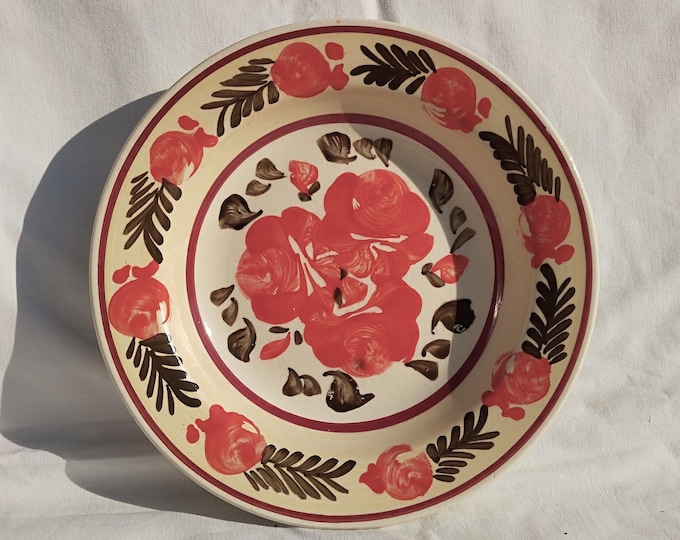 Traditional Vintage Flower Design Folk Stoneware Pottery Plate, Vintage Peasant Flower Plate