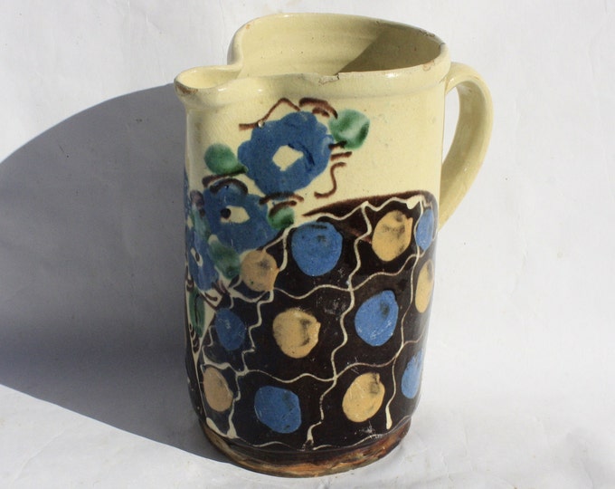 Antique Folk Traditional Dotted Glazed Pitcher, Traditional Transylvania Stoneware Jug