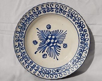 Traditional Blue Painted Clay Plate, Transylvania Pottery, Folk Plate, Antique Peasant Korond Plate