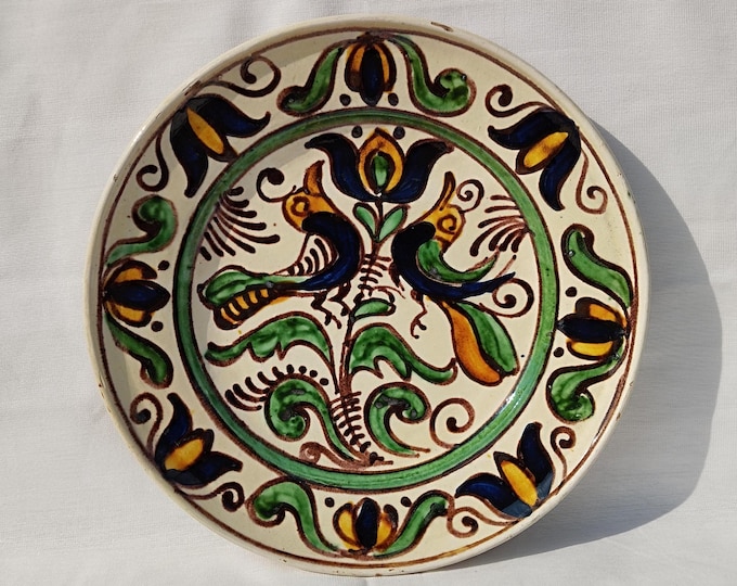 Clay Plate, Transylvania Pottery, Folk Bird Pottery, Antique Peasant Plate, Bird Plate