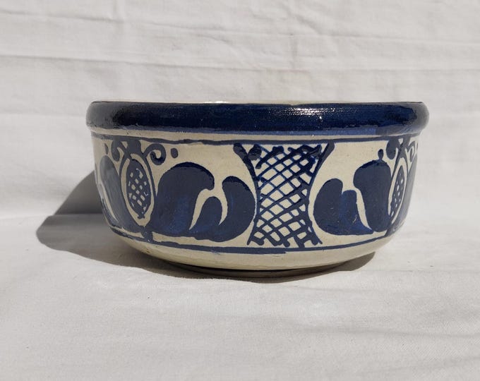 Traditional Blue Painted Muesli Bowl Clay Plate, Transylvania Pottery, Folk Bowl, Antique Peasant Plate