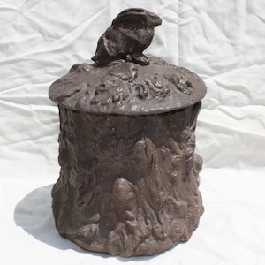 Huge Antique Stoneware Brown French Tobacco Jar, Relief Tobacco Jar