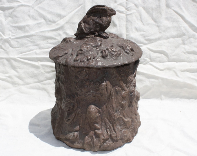 Huge Antique Stoneware Brown French Tobacco Jar, Relief Tobacco Jar