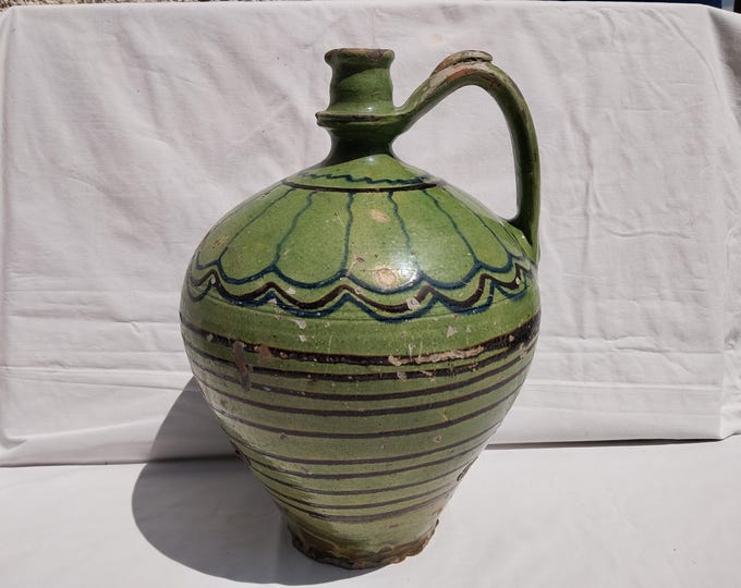 Huge Antique Rare Green Glazed Stoneware Folk Pitcher, Antique Hungarian Traditional Water Jug, Really Huge
