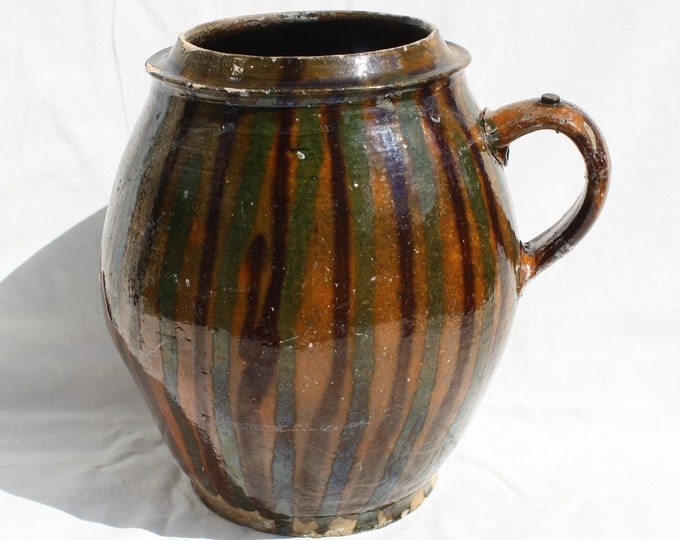 Rare Folk Pitcher, Huge Line Decorated Pitcher, Folk Pitcher, Vintage Ewer, Ceramic Pitcher, Ceramic Pottery