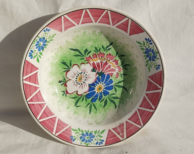 Traditional Vintage Flower Design Folk Stoneware Pottery Plate, Vintage Peasant Flower Plate