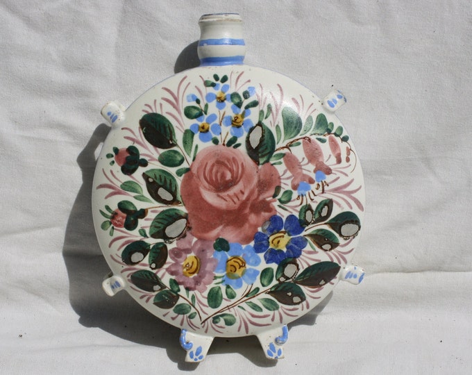 Traditional Antique Round Ceramic Transylvania Flask, Antique Handpainted Pottery