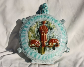 Handpainted Ceramic Flask: Folk Art Vase, Shepherd Relief