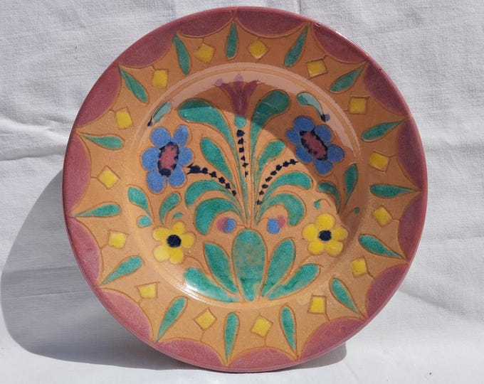 Clay Plate, Hungarian Pottery, Folk Ceramic, Antique Peasant Plate, Flower Decorated Plate