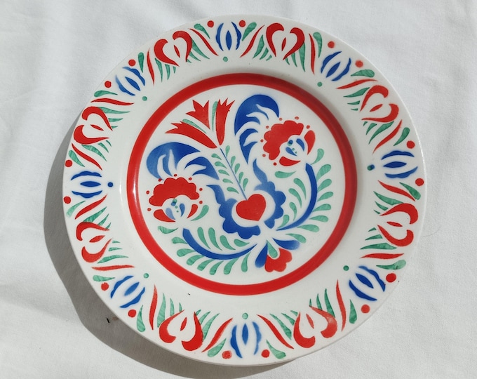 Traditional Hungarian Folk Pottery Plate, Vintage Peasant Flower Plate