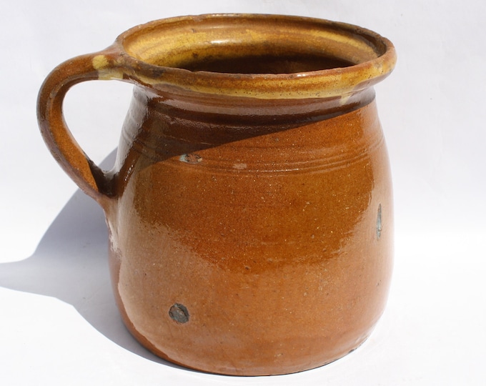 Antique Folk Stoneware Pitcher, Flower Decorated Orange Water Jug