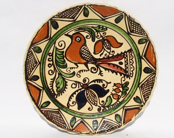 Clay Plate, Transylvania Pottery, FolkBird Potter, Antique Peasant Plate, Bird Plate