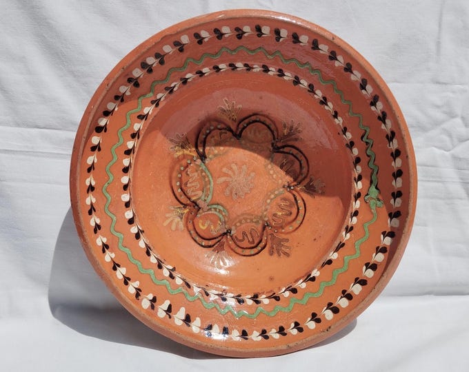 Antique Traditional Hungarian Rare Ceramic Clay Plate, Folk Designed 19th Century Plate