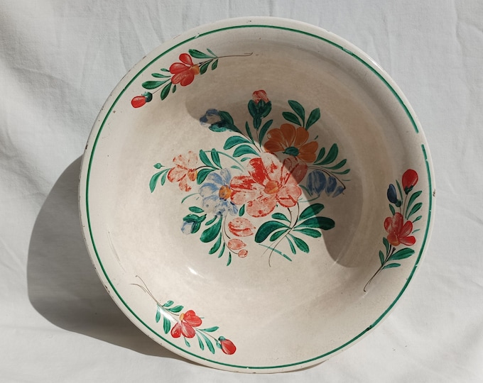 Huge Antique Traditional Hungarian Folk Fruit Bowl, Flower Painted White Glazed Bowl