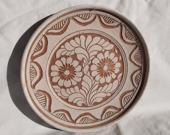 White - Cream Colored Ceramic Carved Design Plate, Hungarian Traditional Pottery Clay Plate