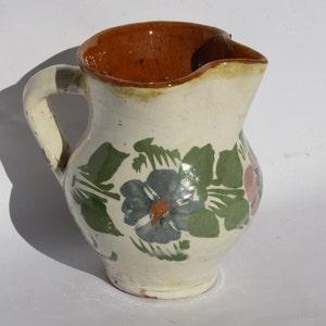 Antique Folk Traditional White Glazed Pitcher, White Stoneware Jug with Flower