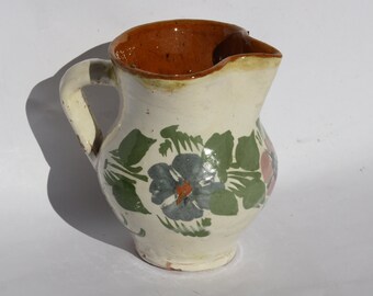 Antique Folk Traditional White Glazed Pitcher, White Stoneware Jug with Flower