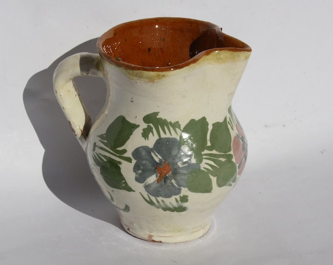 Antique Folk Traditional White Glazed Pitcher, White Stoneware Jug with Flower