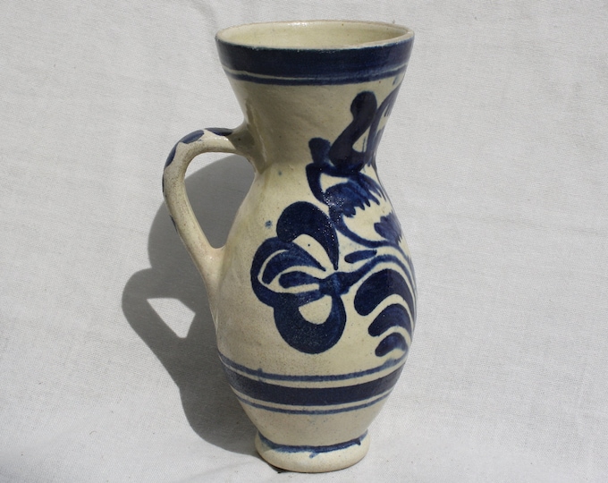 Blue Transylvania Folk Water Pitcher, Stoneware Glazed Jug