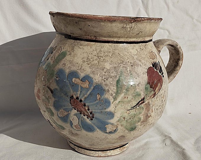 Antique Folk Traditional Glazed Pitcher, Flower Designed Transylvania Milk Jug