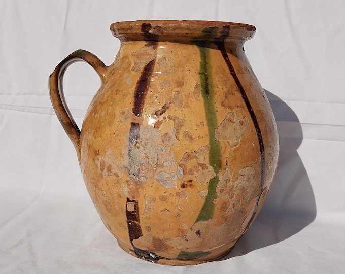 Antique Folk Pottery, Line Decorated Folk Pitcher, Stoneware Bottle, Handpainted Jug, Faience Jug, Folk Ewer