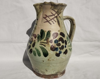 Antique Authentical Folk Milk Jug, Stoneware Flower Decorated Hungarian Pitcher