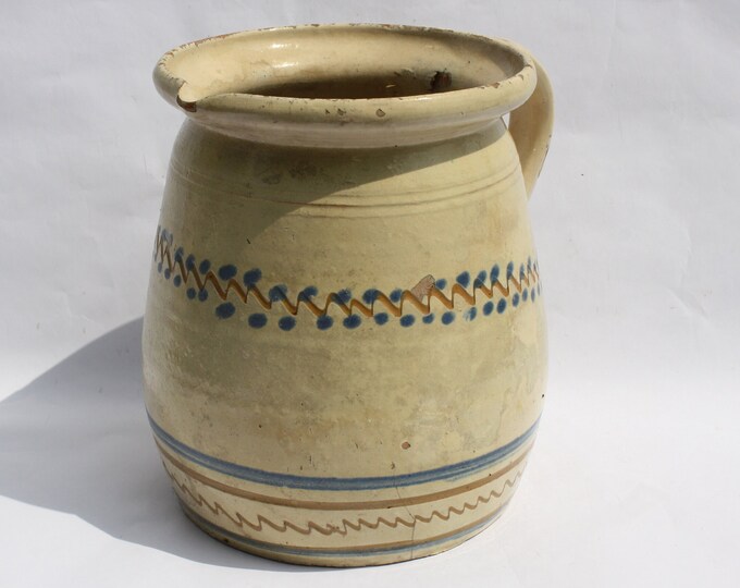 Antique Folk White Milk Jug, Stoneware Lined and Dotted Decorated Hungarian Pitcher