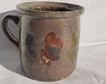 Antique Folk Traditional Gray Glazed Pitcher Mug, Gray Stoneware Jug with Flower