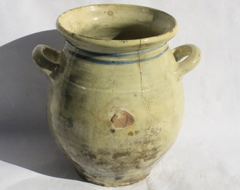 Antique Folk White Milk Jug, Stoneware Primitive White Two Handle Hungarian Jar