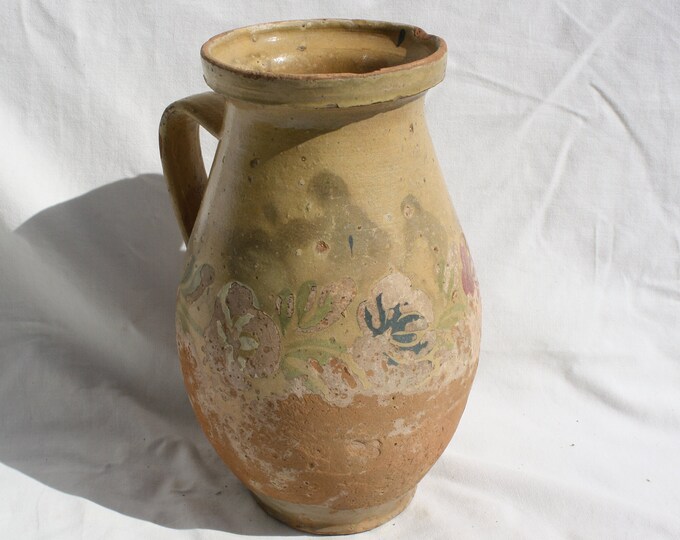 Antique Folk Stoneware Pitcher, Flower Decorated Cream Colored Water Jug