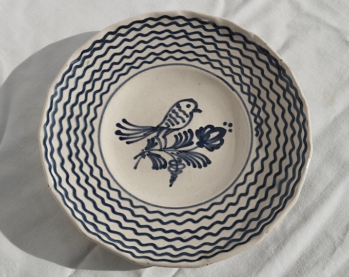 Clay Plate, Hungarian Pottery, Folk Bird Little Bird Pottery, Antique Peasant Plate, Blue Bird Plate