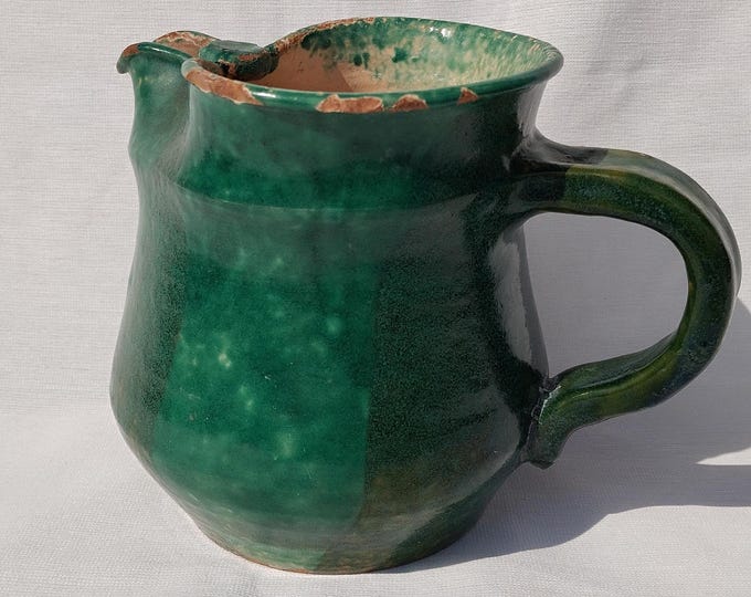Antique Folk Ceramic Pitcher, Traditional Green Glazed Stoneware Milk Jug